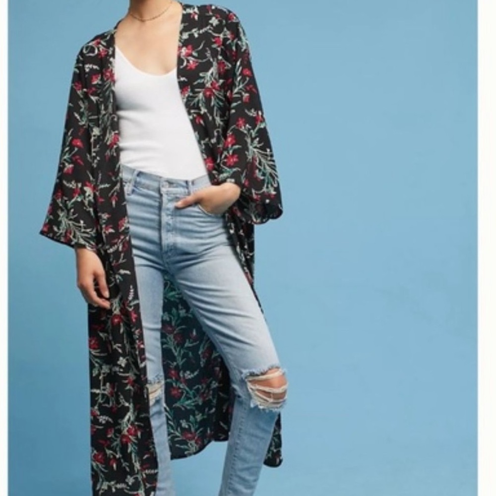 Anthropologie Floreat floral kimono duster robe black red one size